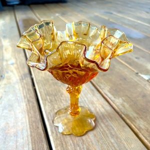 Vintage Amber Glass Candy Dish, Rose pattern